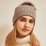 Gray Knitted Cashmere Hat With Raccoon Dog Fur Ball