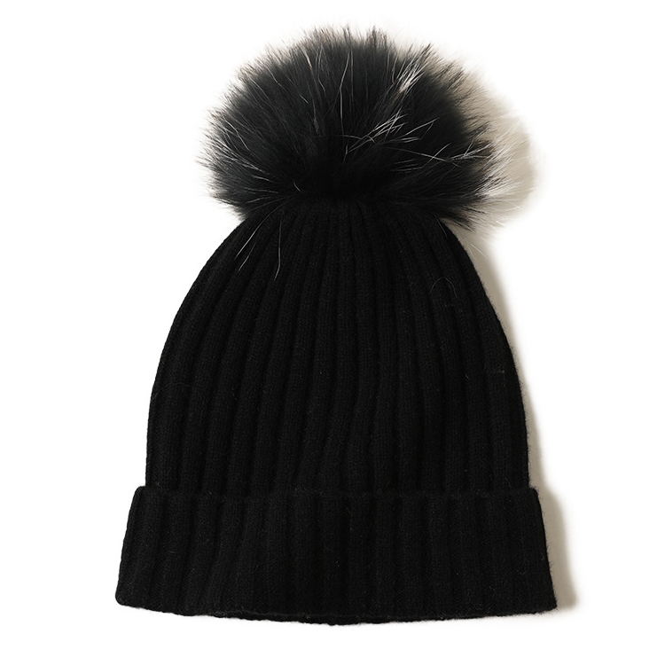 Black Knitted Cashmere Hat With Raccoon Dog Fur Ball