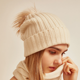White Knitted Cashmere Hat With Raccoon Dog Fur Ball