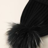 Black Knitted Cashmere Hat With Raccoon Dog Fur Ball