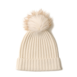 White Knitted Cashmere Hat With Raccoon Dog Fur Ball